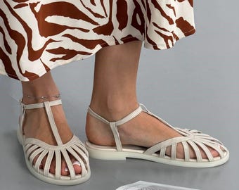Women's Wide Fit Leather Sandals, Anatomical Comfort Summer Shoes, T-Strap Fisherman Flats, Soft Leather Sandals, Elegant Walking Footwear