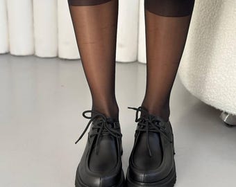Black Leather Lace-Up Platform Loafers, Women's Chunky Oxford Shoes, Modern Lug Sole Flats, Genuine Leather Casual Derby, Trendy Footwear