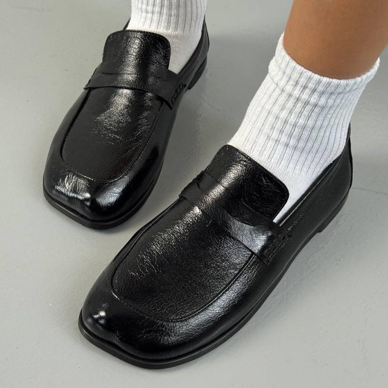 Anatomical Wide Toe Black Penny Loafers for Women, Genuine Leather Slip-On Flats, Classic Comfortable Office Footwear, Barefoot Style Shoes image 13