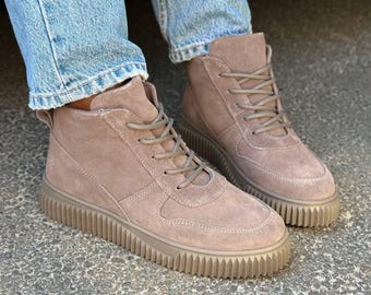 Brown Suede Ankle Boots, Women Lace-Up Fleece Lined Chunky Sole Booties, Cozy Fall Shoes
