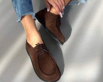 Mocassini stringati in pelle scamosciata marrone Barefoot da donna, scarpe in pelle con punta tonda, mocassini classici, comode scarpe casual da indossare tutti i giorni