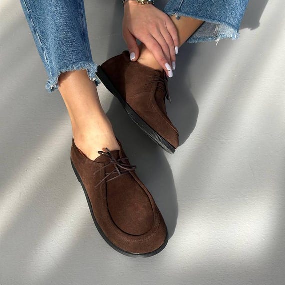 Barefoot Brown Suede Lace-Up Loafers for Women, Round Toe Leather Shoes, Classic Loafers, Comfortable Casual Shoes for Everyday Wear
