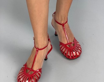 Red Evening Shoes, Formal Kitten Heels, Dressy Leather Slingbacks, Closed Toe Red Pumps, Woven T Strap Sandals, Elegant Ankle Strap Heels