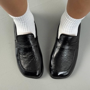 Women's Wide Toe Penny Loafers, Classic Black Leather Slip-On Shoes, Comfortable Casual & Office Footwear for Her image 1