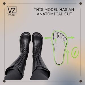 May include: A pair of black lace-up boots with a rounded toe box. The image includes the text 'VZ VZUT&Iacute;K' and 'THIS MODEL HAS AN ANATOMICAL CUT' alongside a green line drawing of a foot showing toe space and a checkmark inside a green circle.