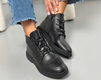 Women's Lace-Up Ankle Boots, Natural Leather or Suede Booties, Fleece Lined Tapered Toe Shoes, Medium Fit Handmade Minimalist Footwear