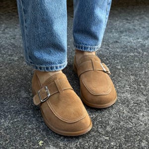 Suede Buckle Loafers for Women, Wide Round Toe Barefoot Flats, Anatomical Slip On Shoes, Soft Minimalist Shoes for Everyday Wear