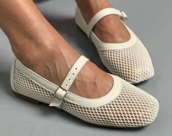Square Toe Mary Janes, Leather Mesh Ballet Flats, Breathable Summer Slides, Elegant Fishnet Ballerinas, Comfortable Flat Shoes