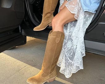 Western Knee High Boots Women, Suede Cowboy Boots with Block Heel, Fall Fashion Shoes, Tan Cowgirl Boots, Boho Festival Boots