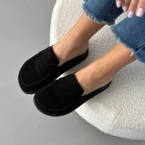 Suede Backless Loafers for Women, Wide Toe Summer Mules with Platform, Comfortable Anatomical Clogs, Slip On Casual Shoes, Handmade Shoes Black