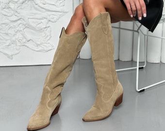 Stivali alti in pelle scamosciata da donna, stivali da cowgirl in vera pelle, calzature autunnali vintage alte fino al ginocchio, stile boho festival