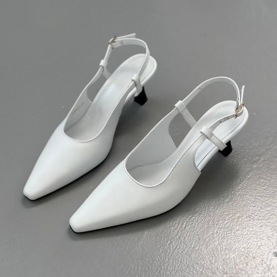 White Minimalist Bridal Shoes, Leather Slingback Heels, Pointed Toe Wedding  Shoes, Mid Spool Heel Sandals, Elegant Summer Shoes Gift for Her