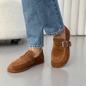 Women's Suede Loafers, Wide Toe Anatomical Slip-On Flats, Comfortable Soft Flexible Casual Moccasins, Handmade Shoes Brown