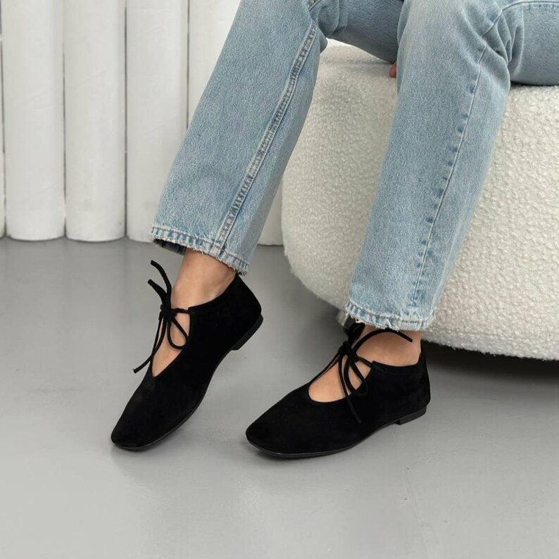 Ballerine Barefoot in pelle scamosciata con lacci, scarpe Mary Jane da donna con punta quadrata, suola morbida e flessibile, comode ballerine slip-on da tutti i giorni immagine 15