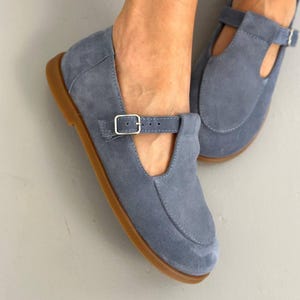 Suede T-Strap Mary Jane Shoes, Women's Barefoot Flats, Wide Toe Box Shoes, Soft Sole Shoes, Comfortable Anatomical Footwear, Gift for Her Denim