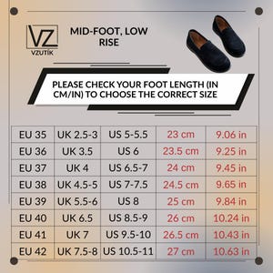 May include: Black suede loafers with a size chart. The chart includes EU, UK, and US shoe sizes, with corresponding foot lengths in centimeters and inches. The text reads "PLEASE CHECK YOUR FOOT LENGTH (IN CM/IN) TO CHOOSE THE CORRECT SIZE."
