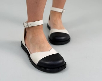 Closed Toe Leather Sandals, Women’s Round Toe Doll Shoes with Ankle Strap, Closed Back, Anatomic Comfort, Vintage Inspired Style