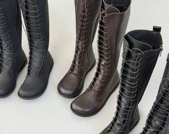 Barefoot Tall Leather Boots Women, Wide Toe Box Knee High Boots, Anatomical Flat Riding Boots, Side Zip Fleece Lined Lace Up Boots