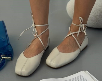Ballerines en cuir naturel, Ballerines à bout carré pour femme, Chaussures plates minimalistes souples à lacets, Chaussures confortables au quotidien, Chaussures faites main