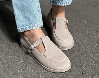 Barefoot Mary Jane Flats, Suede T-Bar Shoes with Anatomical Fit, Handmade Soft Shoes for Wide Feet, Comfortable Flat Sole, Gift for Mom