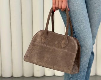 Minimalist Suede Top Handle Bag for Women, Small Structured Tote with Long Strap, Elegant Shoulder Purse for Work, Casual Everyday Handbag
