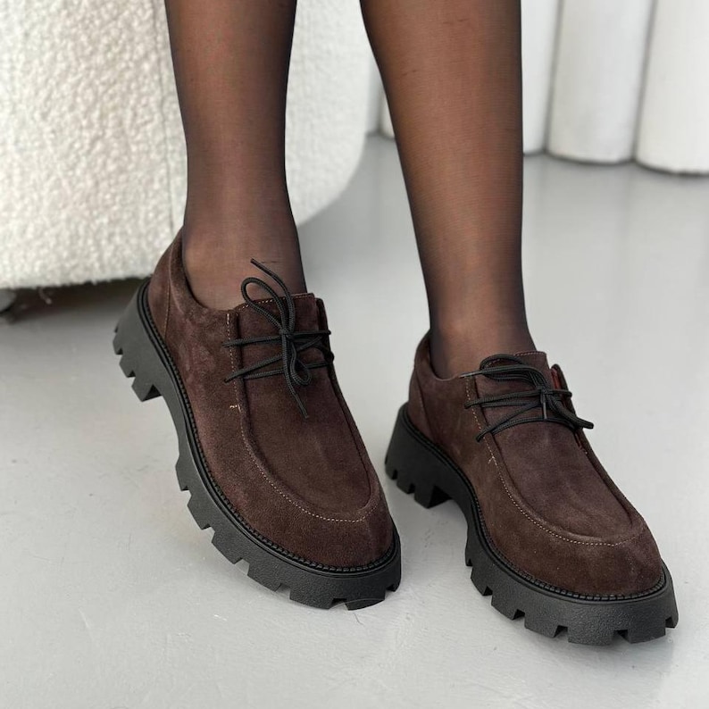 Women's Dark Brown Suede Loafers, Derby Shoes, Chunky Platform Loafers, Comfortable Casual Shoes, Trendy Everyday Footwear, Loafers for Her image 1