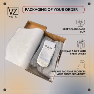 May include: A kraft cardboard box containing a pair of gray socks and a white sock with the text "Взутік". The packaging includes a storage bag and is labeled "PACKAGING OF YOUR ORDER".