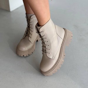 Women’s Chunky Lace Up Ankle Boots, Leather or Suede Combat Boots, Tractor Sole Military Style Booties, Fall Winter Shoes