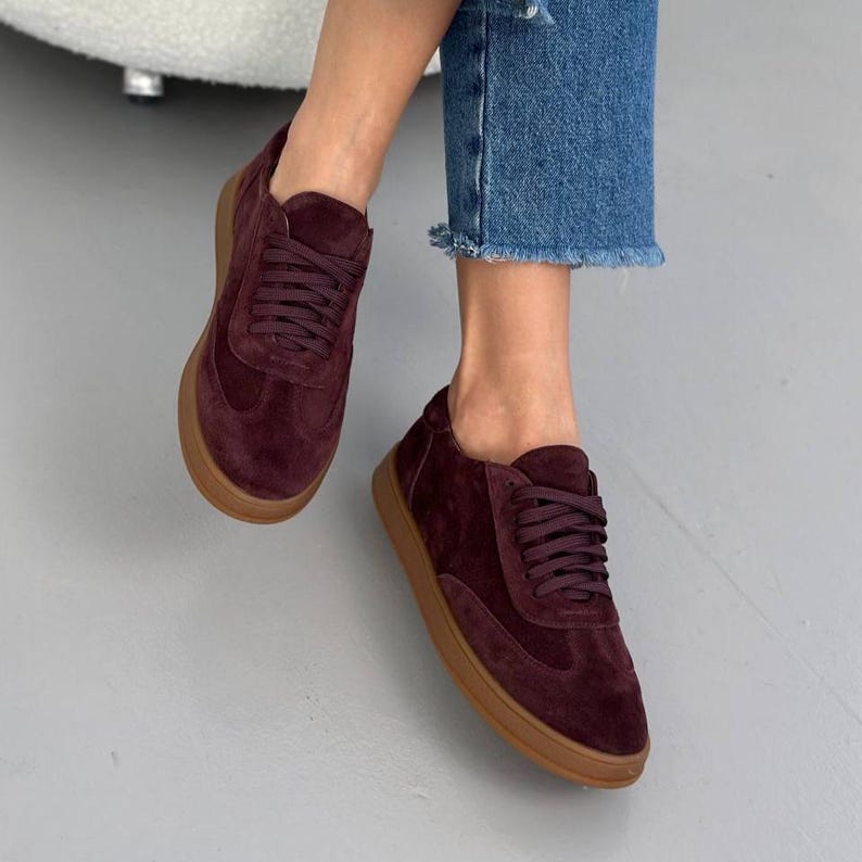 Women's Suede Sneakers with Laces, Casual Sneakers, Comfortable Shoes, Stylish Everyday Sneakers, Trendy Suede Lace-Up Sneakers, Sport Shoes Burgundy