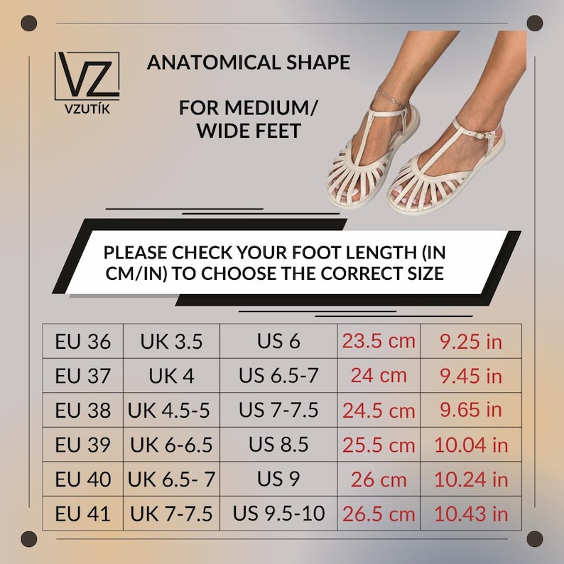 Puede incluir: Sandalias blancas con dise&ntilde;o de tira en T. La imagen incluye una tabla de tallas con medidas en cm y pulgadas, y el texto "ANATOMICAL SHAPE FOR MEDIUM/ WIDE FEET". Las sandalias est&aacute;n dise&ntilde;adas para pies medianos/anchos.