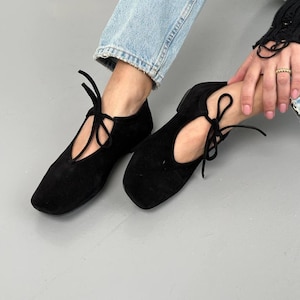 Natural Suede Mary Jane Shoes with Ties, Square Toe Ballet Flats, Soft Zero Drop Walking Shoes, Flexible Slip On Ballerinas, Casual Footwear
