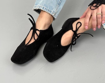 Square Toe Mary Jane Flats, Natural Suede Barefoot Shoes with Ties, Comfortable Soft Flexible Slip-On Flats
