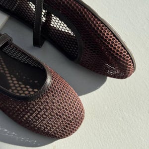 May include: A pair of dark brown mesh ballet flats featuring a rounded toe, a thin strap across the instep, and a solid dark brown trim along the edges. The shoes are constructed from a breathable, open-weave fabric with a consistent grid pattern.