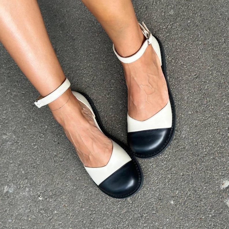 Anatomical Black Leather Mary Janes, Wide Toe Box Ballet Flats, Comfortable Ankle Strap Shoes, Minimalist Footwear, Handmade Leather Flats Milk