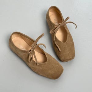Suede Ballet Flats with Ties, Women’s Lace-Up Flats, Comfortable Ballerinas, Lightweight Ballet Shoes, Stylish Casual Footwear, Gift for Her
