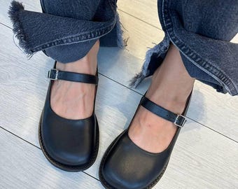 Mary Jane anatómica de punta redonda, bailarinas de cuero negro, cómodas zapatillas descalzas con correa