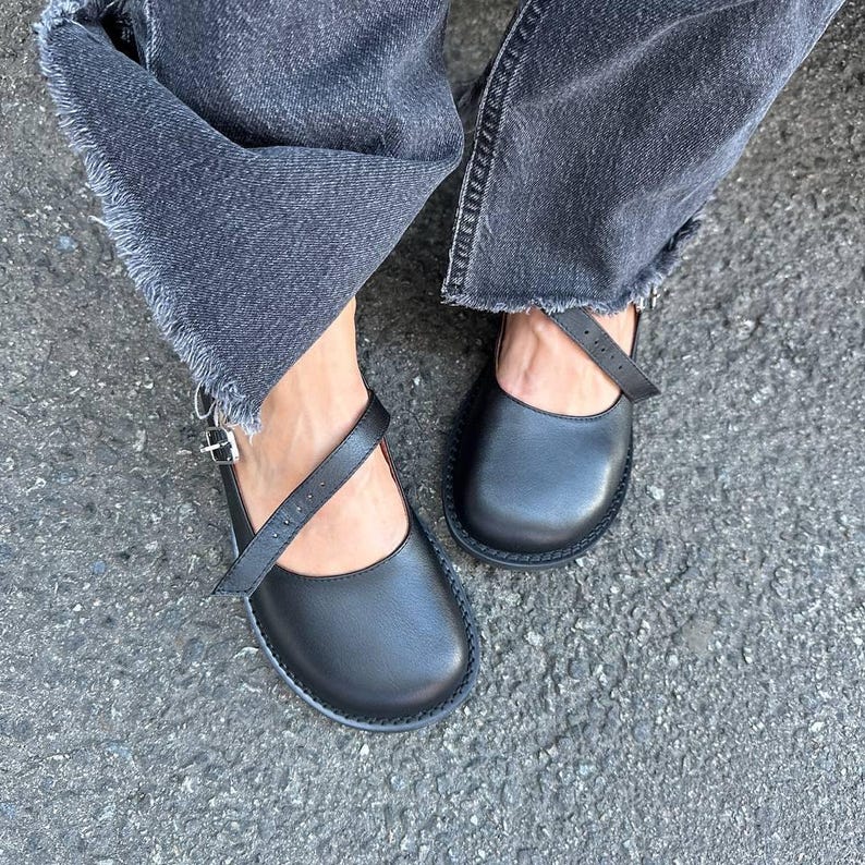 Anatomical Round Toe Mary Jane, Black Leather Ballet Flats, Comfortable Barefoot Shoes with Strap image 16