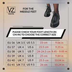 May include: Black lace-up shoes with a thick sole. The image includes a size chart with EU, UK, and US sizes, along with measurements in centimeters and inches. Text on the image reads "FOR THE MIDDLE FEET" and "PLEASE CHECK YOUR FOOT LENGTH (IN CM/IN) TO CHOOSE THE CORRECT SIZE."