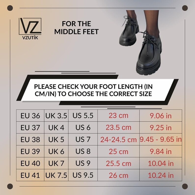 May include: Black lace-up shoes with a thick sole. The image includes a size chart with EU, UK, and US sizes, along with measurements in centimeters and inches. Text on the image reads "FOR THE MIDDLE FEET" and "PLEASE CHECK YOUR FOOT LENGTH (IN CM/IN) TO CHOOSE THE CORRECT SIZE."