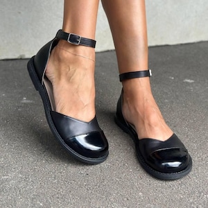 Natural Leather Mary Jane Flats, Women's Wide Toe Box Anatomical Shoes, Barefoot Style Ankle Strap Shoes, Comfortable Soft Minimalist Flats Black