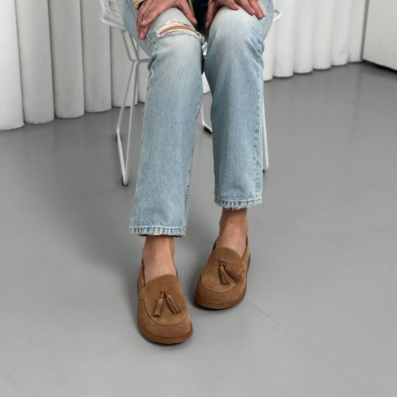 Women's Brown Suede Loafers with Tassels, Wide Round Toe Slip-On Flats, Soft Casual Everyday Shoes, Anatomical Shoes image 3