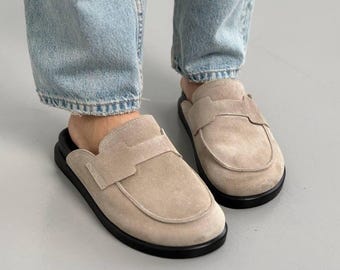 Wildleder rückenfreie Loafers für Frauen, Slip-On-Mule-Clogs, weiche, breite Passform Wohnungen, minimalistische Schuhe, bequeme Freizeitschuhe, handgefertigte Schuhe