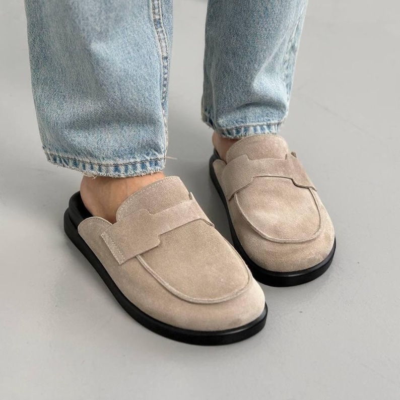 Suede Backless Loafers for Women, Slip-On Mule Clogs, Soft Wide Fit Flats, Minimalist Shoes, Comfortable Casual Footwear, Handmade Shoes image 1