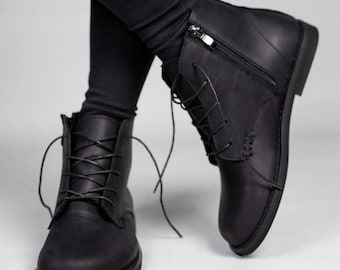 Black Barefoot Leather Ankle Boots for Women, Zero Drop Wide Toe Box Booties