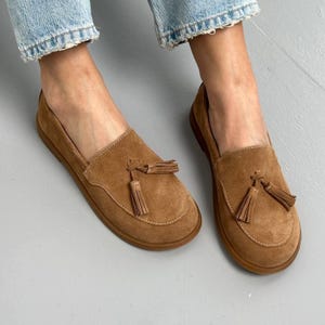 Women's Brown Suede Loafers with Tassels, Wide Round Toe Slip-On Flats, Soft Casual Everyday Shoes, Anatomical Shoes image 11