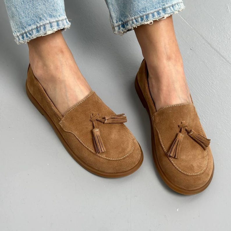 Women's Brown Suede Loafers with Tassels, Wide Round Toe Slip-On Flats, Soft Casual Everyday Shoes, Anatomical Shoes image 11