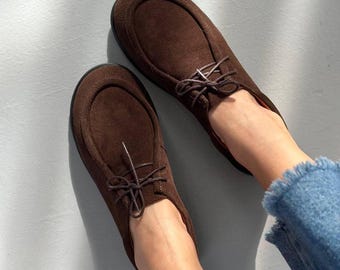Wildleder Loafers, Braune Schnür Mokassins, Flexible Flache Schuhe Damen, Bequeme Minimalistische Wohnungen, Weiche Wildleder Wanderschuhe