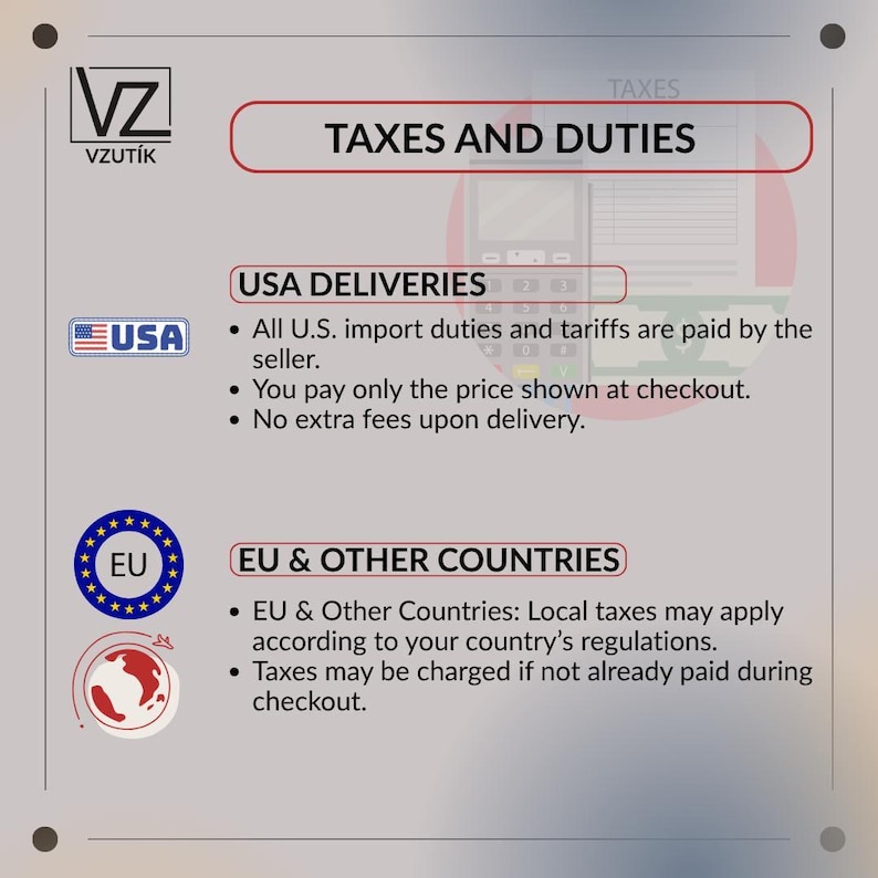 The image is a collection of text and logos related to international shipping and customs regulations. It includes information about taxes and duties for USA deliveries and EU & other countries, as well as details about EU and other countries' customs regulations.