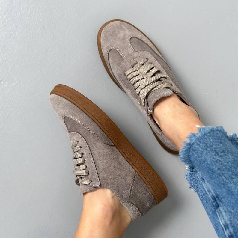 Women's Suede Sneakers with Laces, Casual Sneakers, Comfortable Shoes, Stylish Everyday Sneakers, Trendy Suede Lace-Up Sneakers, Sport Shoes Cappuccino