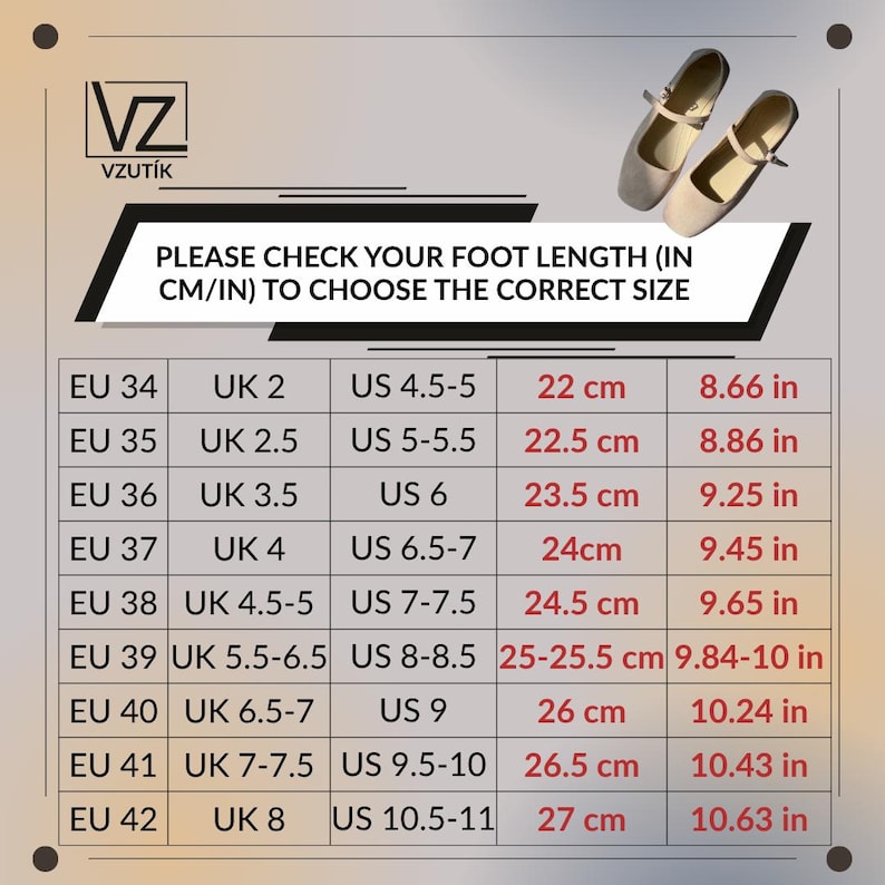 May include: A pair of beige ballet flats with a strap, displayed with a size chart. The chart provides measurements in both centimeters and inches, with US sizes ranging from 4.5-5 (8.66 in) to 10.5-11 (10.63 in).